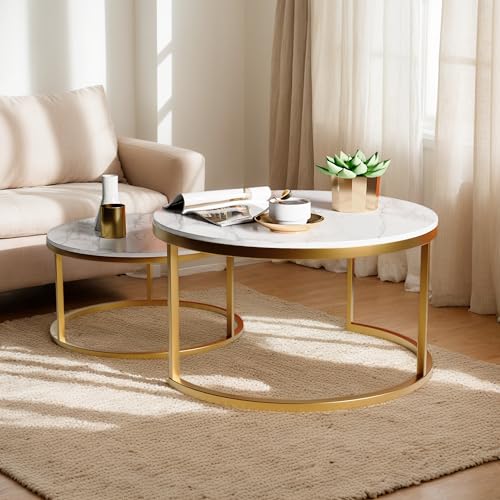 Holtrae 2 Stücke Beistelltisch Set Rund Couchtisch Marmor Optik Couchtisch Rund Wohnzimmertisch Modern Couchtisch aus Holz mit Metallrahmen Für Wohnzimmer Balkon Büro Ø80 * H45+ Ø60 * H33 (Gold)