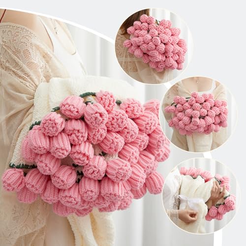 Image of Flower Bouquet Blanket, Birthday Gifts for Mom Teacher Women Grandkids Wife Girlfriend Her, Crochet Flower Blanket, Soft Knitted Throw Blankets for Teacher Appreciation Housewarming Gifts (Pink roses)