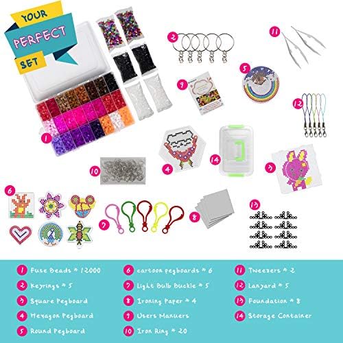 Fuse Beads - 12000 pcs Fuse Beads Kit with 48 Colors for Kids - 5mm Fusion Beads Including Multiple Accessories You Need - Iron Beads Set for Child Gift