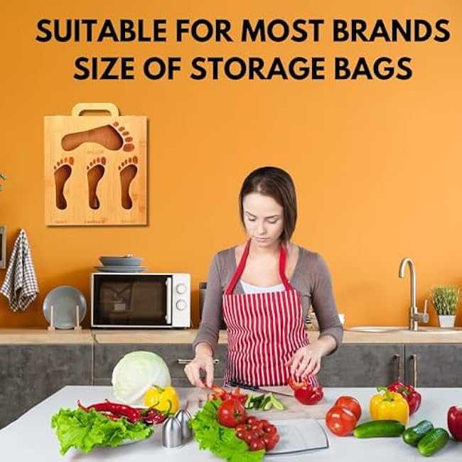 Bamboo 4 in 1 Zip Lock Bag Organizer, 12¡± Wall Mounted Kitchen Storage Organization Holder | Ziplock Bag Organizer Bundle for Kitchen Drawer