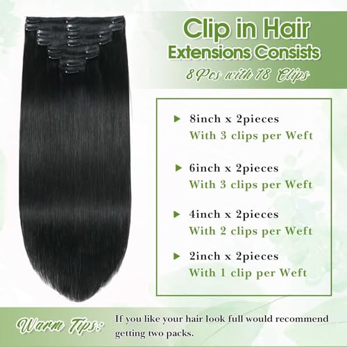 Image of Human Hair Clip in Extensions Real Human Hair Clip-in Jet Black Hair Extensions 16inch /65g Clip ins 100% Brazilian Remy Human Hair for Women Straight Soft Hair 8pcs Double Weft