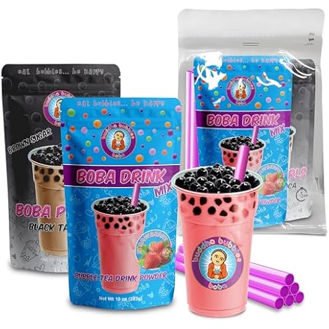STRAWBERRY CREAM Boba Tea Kit Includes Tea Powder, Real Tapioca Pearls & Straws By Buddha Bubbles Boba Cover