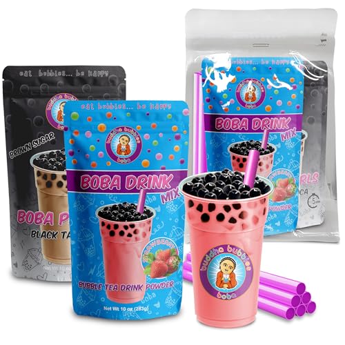 Premium STRAWBERRY CREAM Boba Tea Kit Includes Tea Powder, Real