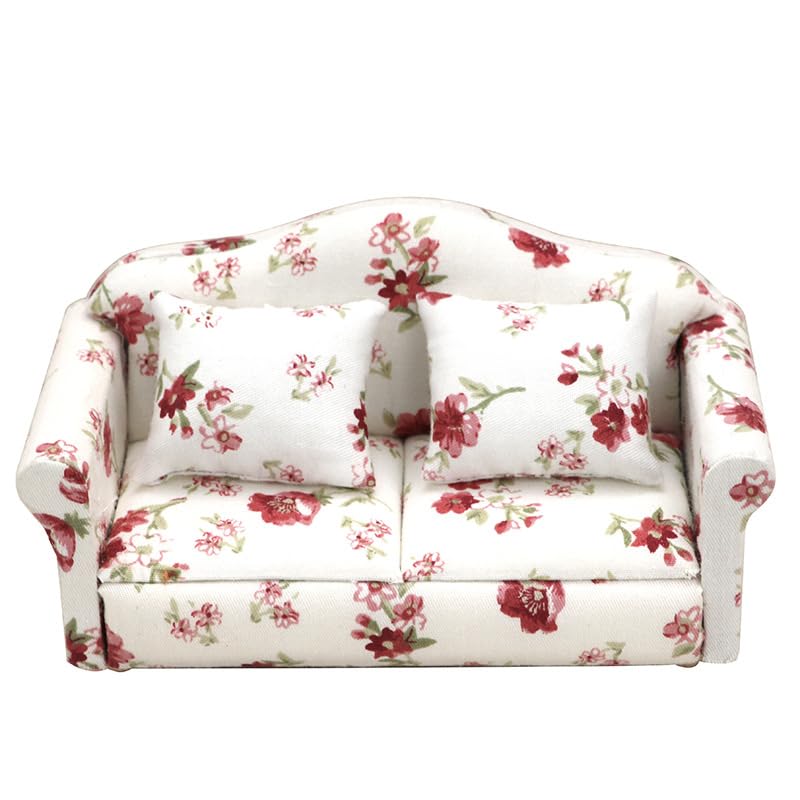 Gxsterd 1/12 Dollhouse Couch Miniature Loveseat with Pillow Mini Settee for Dollhouse Living Room or Dollhouse Bedroom Furniture Accessories