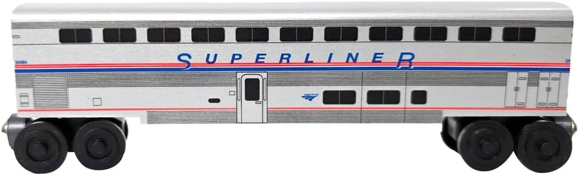 Whittle Shortline Railroad Amtrak P42 Genesis Phase IV Superliner Wooden Train Set, 3 Piece Engine and Coaches, Handcrafted in USA, Compatible with Major Railway Systems, Hardwood