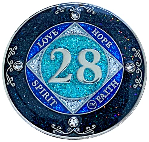 (Years 1-50) NA 28 Year Crystals and Glitter Medallion, Silver Color Plated Coin, Black Rainbow, Blue Glitter and Four Clear Crystals, Epoxy Covered (NA 28 Year Glitter & Crystals Medallion)