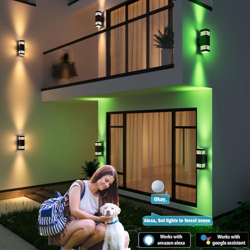 Image of rosykite Smart Outdoor Sconce Lights 2 Pack, Up Down Wall Porch Lights RGB Color Changing WiFi APP Control, Dimmable LED Exterior Wall Lighting Fixtures Work with Alexa,No Hub Required,ETL Listed