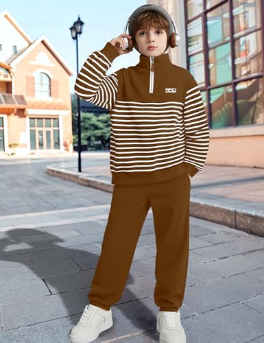 KANGKANG Boys Clothes Quarter Zip Collar Striped Sweatshirt Top and Solid Sweatpants 2 Pcs Winter Kids Fall Outfits Set 4-12Y2