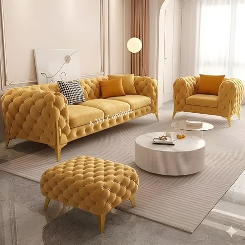 Image of A to Z Furniture Modern Classic Fabric & Valvet Tufted Chesterfield Sofa Living Room and Office (3+1= 4 Seater Sofa Set with Footrest Mustard Yellow)