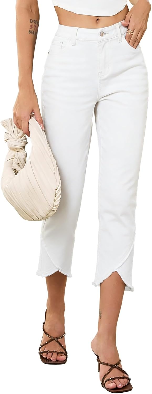 Sidefeel Women's Jeans High Waisted Stretchy Cropped Skinny Jeans Trendy Cross Raw Hem Summer Capri Pants with Pockets