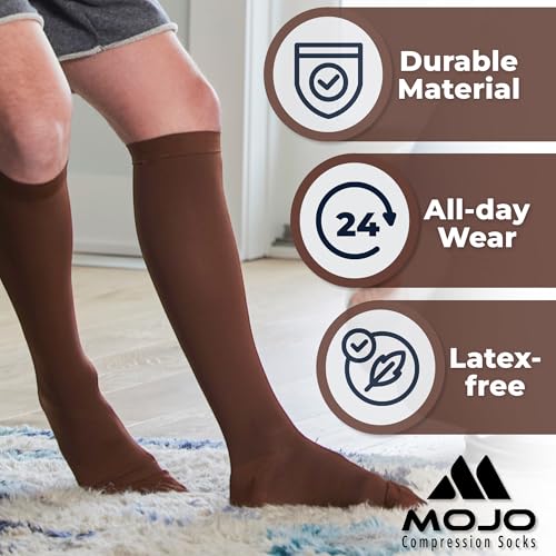 Mojo Compression Socks for Women and Men 20-30mmHg Knee High - Opaque Graduated Support Compression Stockings for Swelling, Lymphedema, Nursing - Brown, Large - AB201 - Thumbnail 3