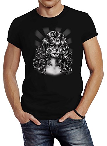 Neverless Herren T-Shirt Dia De Los Muertos Girl Day of Dead Slim Fit Schwarz L