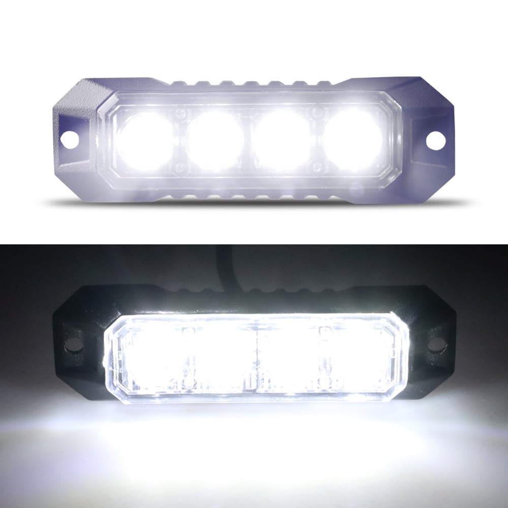 LED Emergency Strobe Flashing Grille Strobe Lights for Trucks 4LED Surface Mount Strobe Warning Emergency Flashing White Light For Car Truck Van Off Road Vehicle ATV SUV