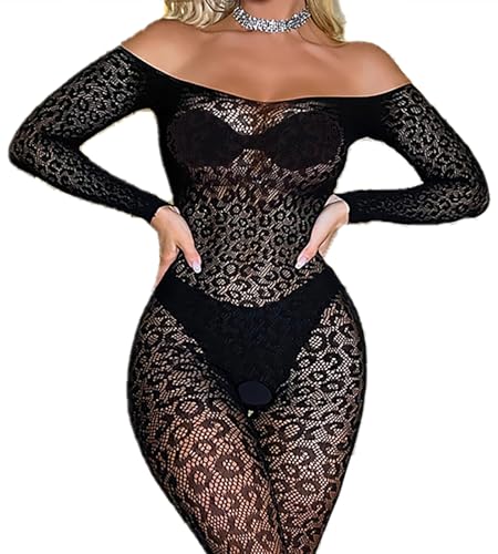 Aucute Damen Spitze Leopard Sexy Bodystocking Ein Stück Dessous Unterwäsche Vollkörper Fischnetz Bodys Elastische Mesh Strumpfhosen Jumpsuit, Schwarz