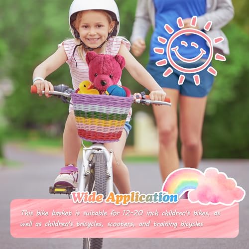 Spesh Kinder Fahrradkorb Vorne Geflochten Kinder Lenkerkorb mit 72 Stück Bunten Fahrradspeichen Dekorationen, Passend für 12-20 Zoll Kinderfahrräder(Regenbogen-A)