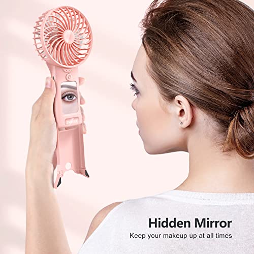 Handheld Portable Fan With Mirror, 4 Speeds Usb Rechargeable Personal Mini Fan Desk Fan For Girls Women Kids Traveling Outdoor Office-Pink #TOP5