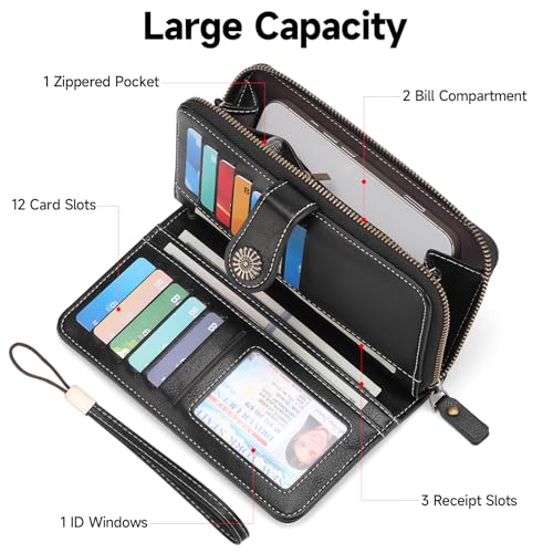 Image of Wristlet Wallets for Women Leather Credit Card Holder Bifold Black | RFID Blocking, Large Capacity, Ladies Phone Clutch Purse with Zippered Coin Pocket