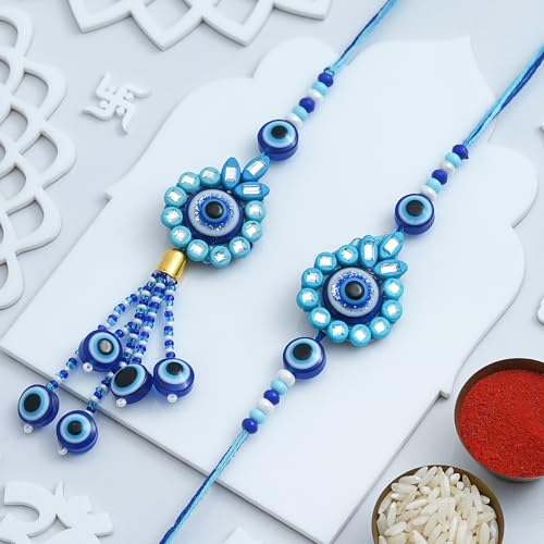 Image of eCraftIndia Evil Eye Designer Bhaiya Bhabhi Rakhis with Best Bro Ever Fridge Magnet | Set of 2 Rakhi for Brother and Bhabhi | Lumba Rakhi | Roli Chawal Pack