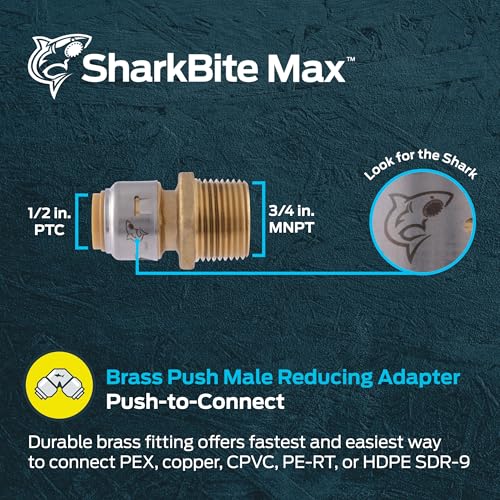 Image of SharkBite Max 1 /2 Inch x 3 /4 Inch MNPT Reducing Adapter, Push to Connect Brass Plumbing Fitting, PEX Pipe, Copper, CPVC, PE-RT, HDPE, UR116A