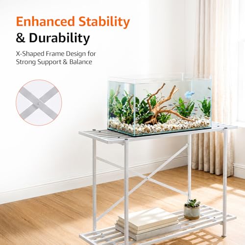 Image of Amazon Basics 2-Tier Fish Tank Stand | Heavy-Duty Metal Aquarium Rack | Adjustable Feet | Multi-Purpose Storage Shelf | Rust-Resistant Powder Coated Finish | Easy Assembly | White | 88L x 29W x 74H cm