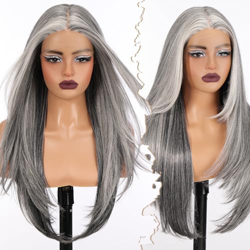 BLONDE UNICORN Ombre Grey Synthetic Lace Front Wig,T Part Pre Cut Glueless Straight Layered Wigs for Women Cosplay Daily Use 26IN(#2/606HL)