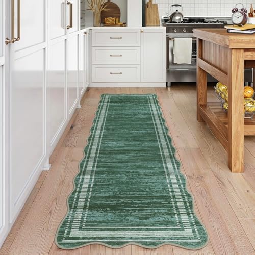 GarveeHome Washable Runner Rug 2x6 Kitchen Hallway Scalloped Rugs, Non Skid Stain-Resistant Solid Bordered Rug Soft Scalloped Entryway Carpet Runner for Bathroom Laundry Room Bedside(Green,2x6ft)