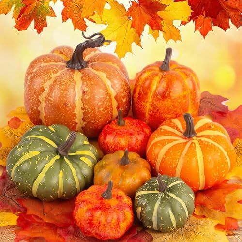 FUTUREPLUSX 38 PCS Assorted Artificial Pumpkin Set, 8PCS Stacking Pumpkins with 30PCS Maple Leaves for Fall Harvest Home Thanksgiving Halloween Decor