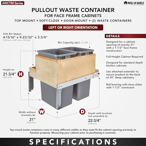Rev-A-Shelf Top Mount 4WCTM-2450BBSCDM-2 Doppelauszug unter dem Schrank, 50 Quart Küchenabfalleimer mit Absenkautomatik für Schrank mit voller Höhe, 68 kg belastbar, Vollauszug – Bild 4