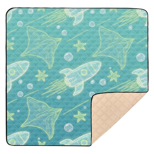 Manta de animales infantiles, nave espacial, verde, azul, grande, resistente, tapete de juego para bebé, resistente al agua, para bebés, bebés, bebés, bebés, 50 x 50 pulgadas