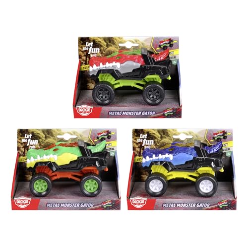 Dickie Toys - Metal Monster Gator Auto (15 cm) - Krokodil-Monstertruck ab 3 Jahre, Spielzeugauto für Kinder mit Rückzug, Federung & Gummireifen (3-Fach Sortiert, zufällige Auswahl)