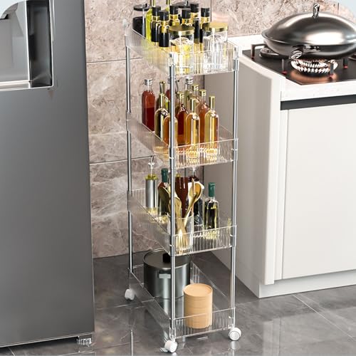 4Tier Slim Acrylic Rolling Utility Cart with Lockable Wheels Movable Shelving Trolley Organizer for Kitchen & Bathroom Storage Clear 14.6" D x 6.3" W x 35" H