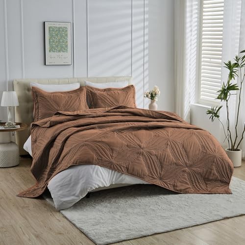 Image of Kingnex Oversized King Bedspreads 128x120 for Tall King or Cal King Bed Ultrasonic Quilted Coverlet Set 3 Piece Include 1 Extra Wide Quilt 2 Pillowcases Coffee