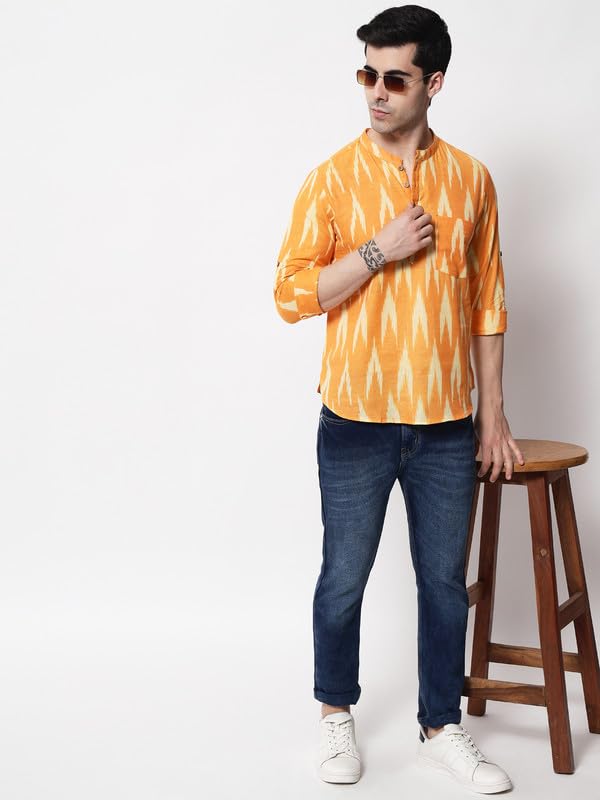 Image of Vastraa Fusion Men's Handloom Weaving Pure Cotton Short Kurta, Round Collar, Full Sleeves,Button Kurta, Ethnic Wear