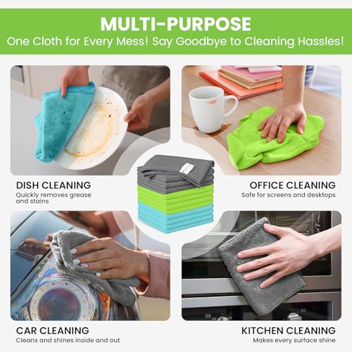 Image of 12 Pack Microfiber Cleaning Cloth, 3 Assorted Colors Cleaning Rags for Housekeeping, Colorful Reusable Microfiber Towels for Car, Kitchen, Bathroom and Household Cleaning Supplies, 11.8 inchX11.8 inch