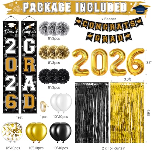 Image of Graduation Party Decorations Class of 2026, Graduation Decorations with Congrats Grad Banner Fringe Foil Curtain Paper Flower Ball Balloon for High School College Graduation Party Supplies, Black Gold
