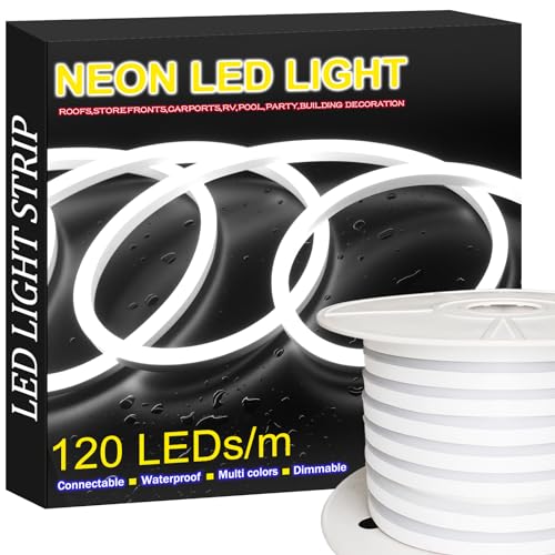 C D H LED Neon Rope Lights Outdoor Waterproof, 164Ft Cool White 120LEDs/M Flexible,Connectable Cuttable Neon Lighting for Home/Garden/Deck/Building Decoration