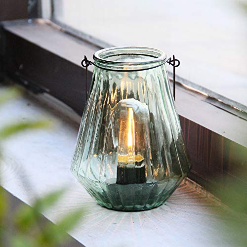 MJ PREMIER Vintage Décor Ribbed Glass Hanging Lantern Lamp Battery Operated with Timer