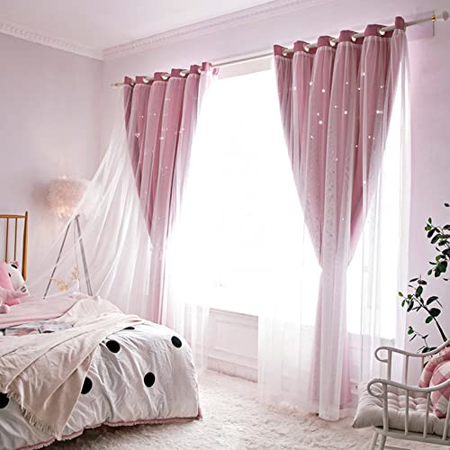Tongcan Pink Star Curtains for Kids Girls for Living Room Bedroom Decor Star Cutout Room Darkening Window Drapes 2 Layers Blackout Curtains with Voile Overlay (Pink, 2 Panels W52 X L84 Inches) by Tongcan - Image 3