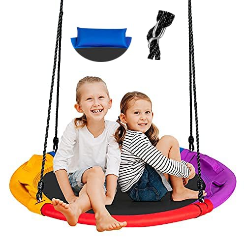 COSTWAY 100cm Round Saucer Tree Swing with Pillow & Adjustable Ropes
