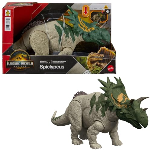 Mattel Jurassic World: The Renascimento, Spiclypeus Brinquedo de dinossauro de rugido, figura articulada com ataque de cabeça e batida e som, controlados com cauda, jogo digital, JGB89