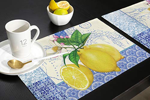 Lemon Fruit Placemats For Dining Table Lemon Flower Cotton Linen Tablemats Blue And White Porcelain Non-Slip Heat Insulation Washable Table Mats, Set Of 6 #TOP4