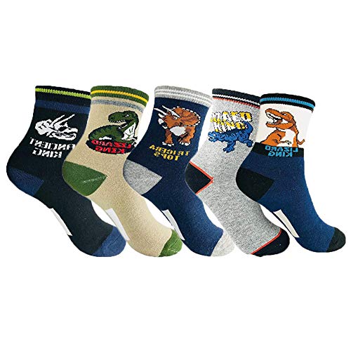 ENSTAB 5 Paar Socken Jungen Dinosaurier Socken Baumwolle Herbst Winter Warme Socken Dino Für Kinder 4-10 Jahre, Dino-b, 4-7 Jahre(15-19 CM) Cover