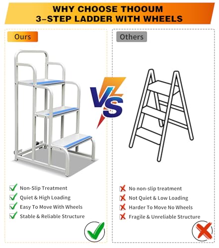 Image of 3 Step Stairs with Wheels, Industrial & Warehouse 3-Step Rolling Stairs, Non-Slip Rolling Steps with Stair Edge Protector, Easy to Move Rolling Steps with Wheels(19.7W x29.5H, 600LBs Loading).