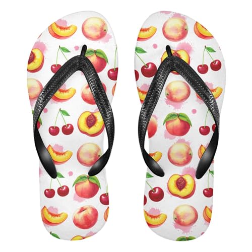 Sinestour Peach Cherry Fruit White Flip Flops for Beach Thong Sandals Anti-slip Lightweight Flat Slippers for Summer Swim Travel