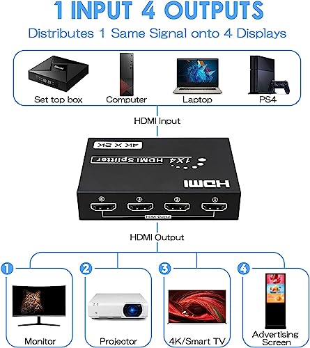 Image of RUHZA 1X4 HDMI Splitter Ultra HD 4K x 2K HDMI Splitter 1 in 4 Out Distributor Ver 1.4 HDCP Bypass Supports 4K@30Hz 1080P 3D for PS4 Xbox Sky Box Fire Stick,DVD Player HDTV Projectorr