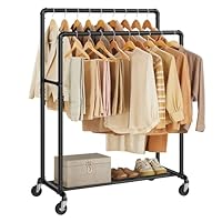 SONGMICS Kleiderständer, Kleiderstange, Garderobenständer mit 2 Kleiderstangen und Ablage, Rollen, bis 110 kg belastbar, Industrie-Design, für Schlafzimmer, Ankleidezimmer, schwarz HSR60B