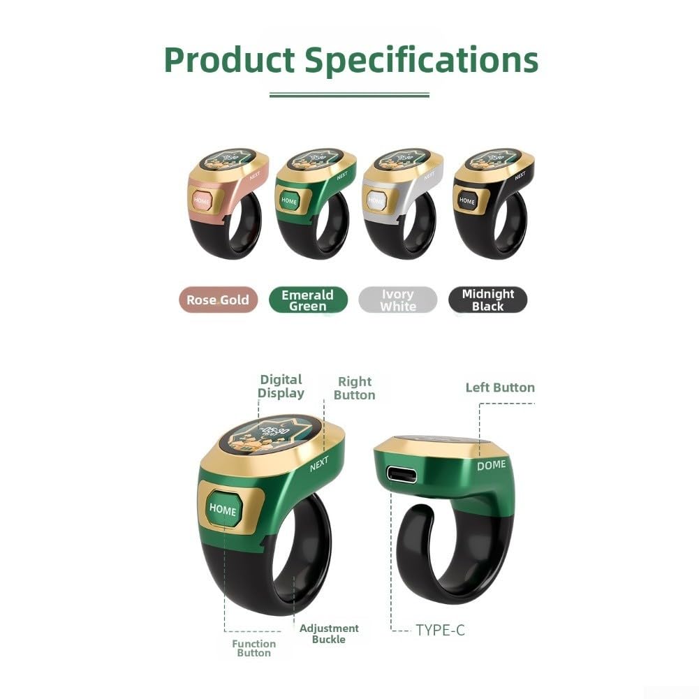 Tasbih-Zählerringe, intelligenter Tasbih-Zähler, wiederaufladbarer elektronischer digitaler Tasbih-Zählerring, wasserdichter Fingerzähler für Muslime, Gebetserinnerung(Schwarz)