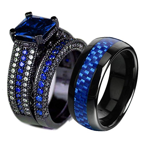 Couple Ring Bridal Set His Hers Black Gold Plated Blue CZ Stainless Steel Wedding Ring Band