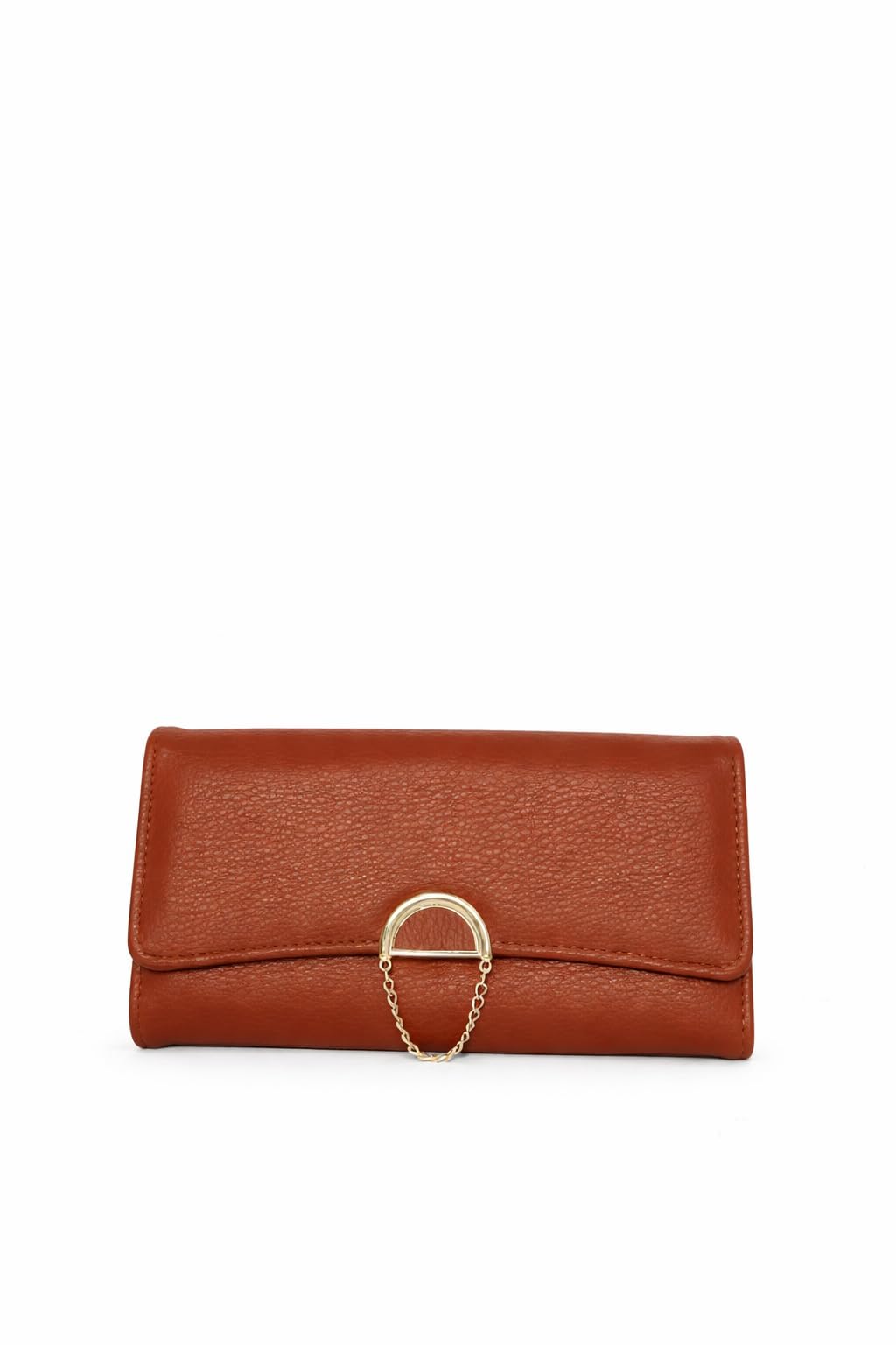 Women's Long Flap Wallet, Tan Brown, Pebbled Leather, Gold-Tone Chain Buckle Closure, Card Slots-image-3