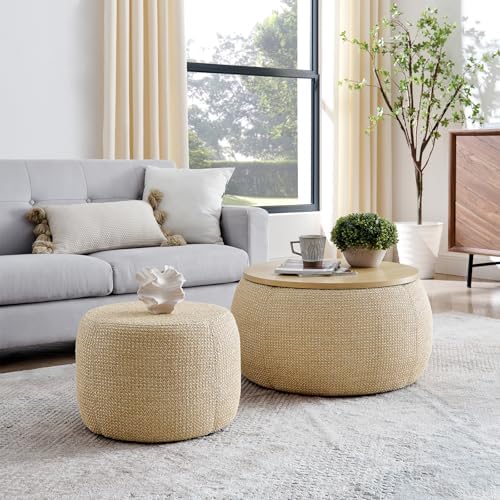 TTK Round Ottoman with Storage Set of 2, 25" Large Upholstered St...